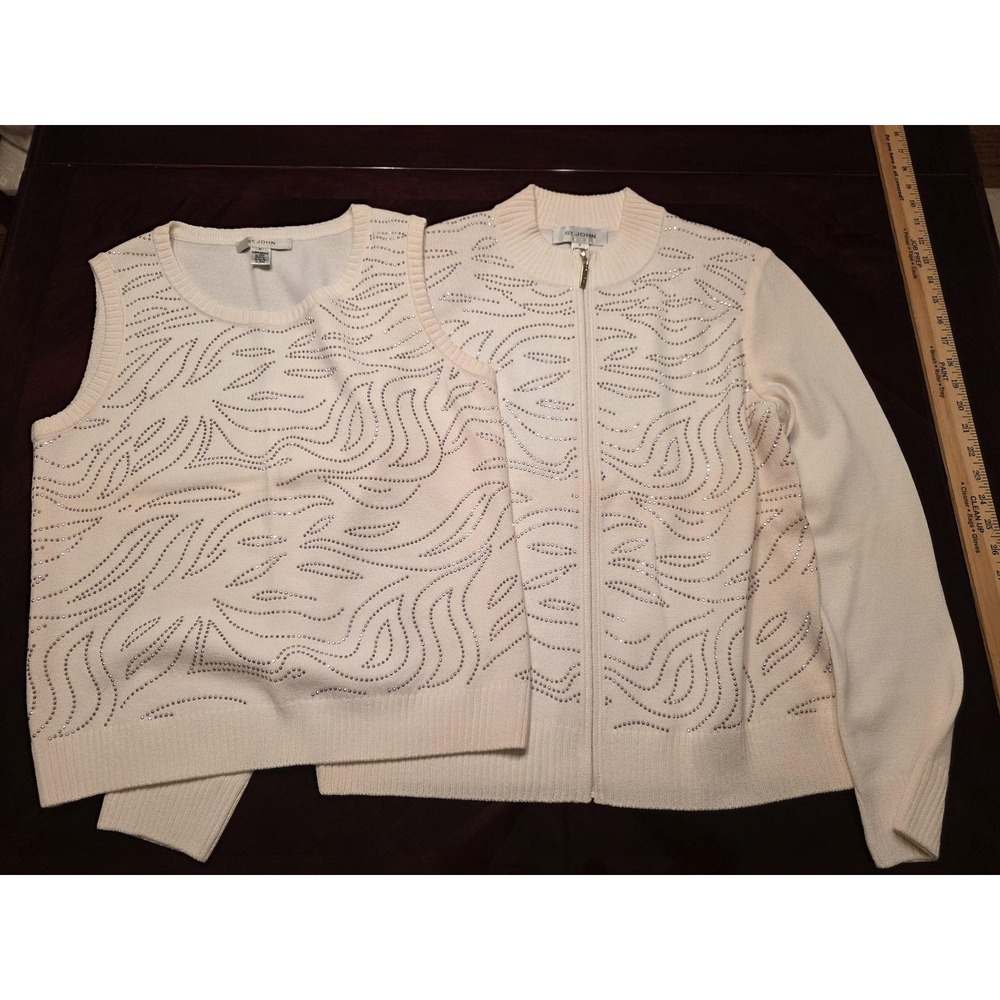 St. John Set Womens Medium White Wool Knit Rhinestone Cardigan Sweater Vest 2 Pc